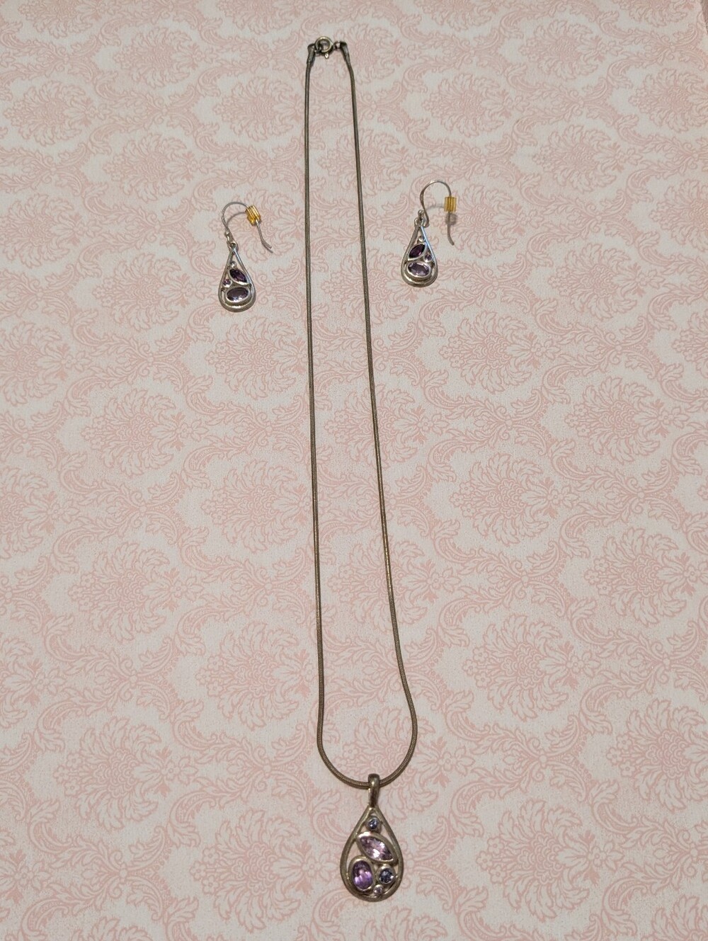 Silver Amethyst Teardrop Necklace and Earring Set